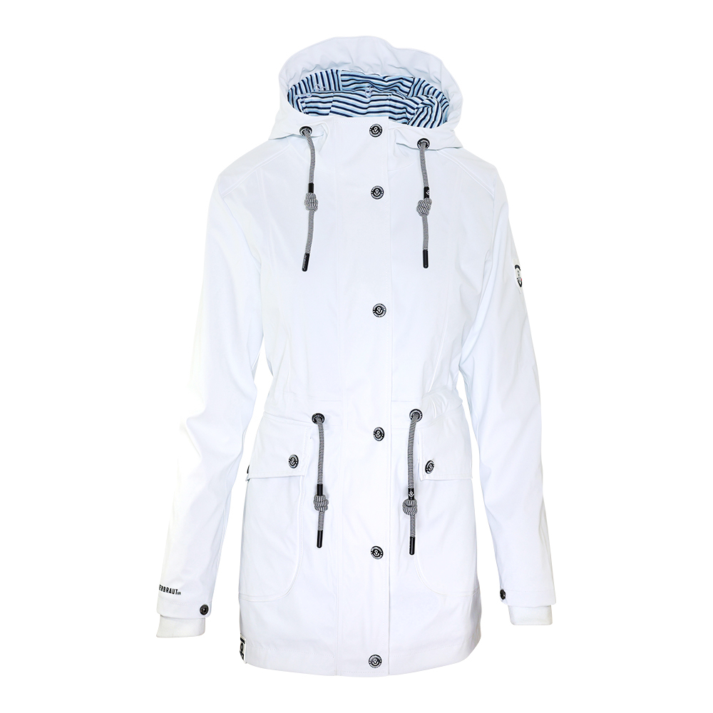 Weibliches Model mit ANKERBRAUT Regenjacke in Bright White