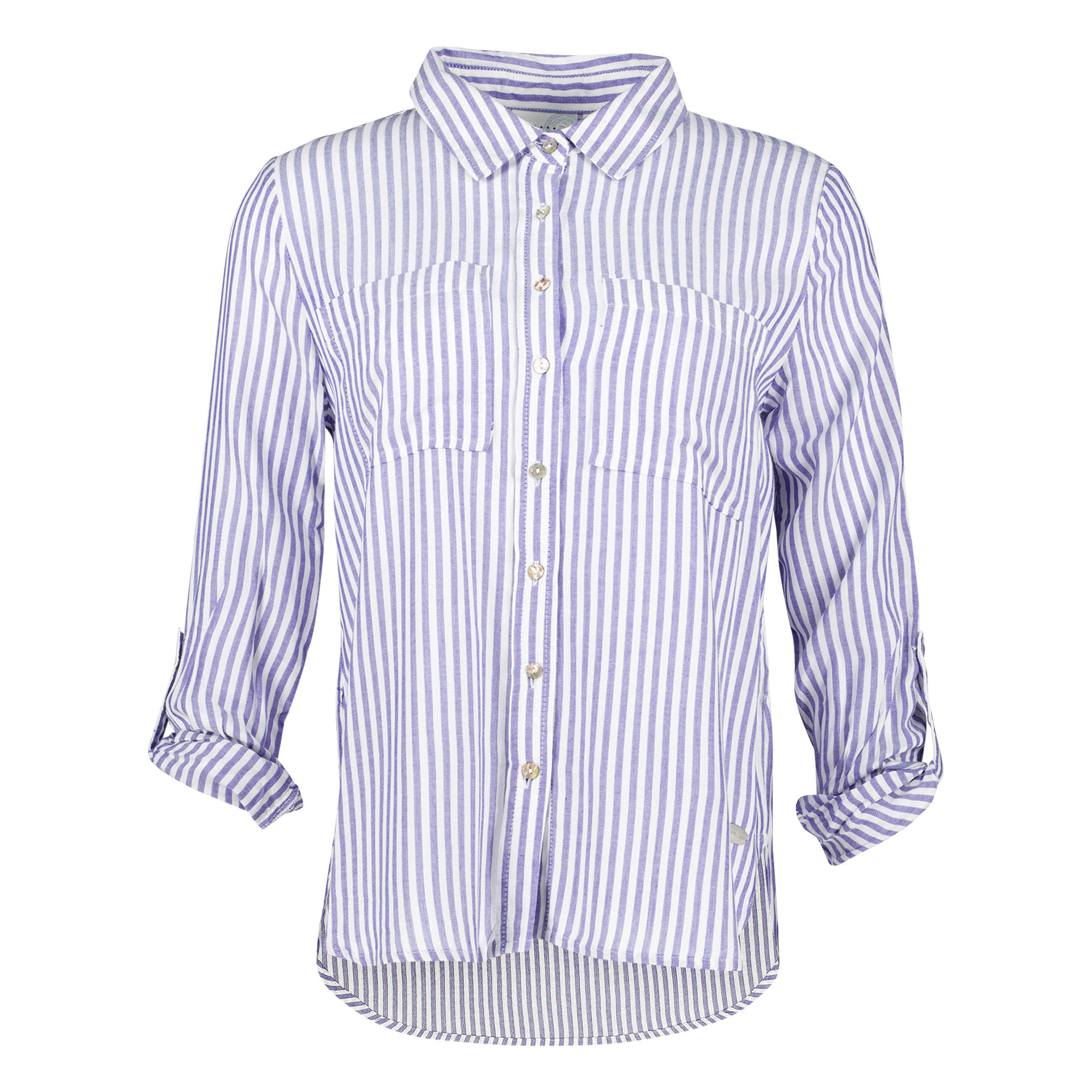 Weibliches Model mit Camps Bay Bluse in Blue Stripe